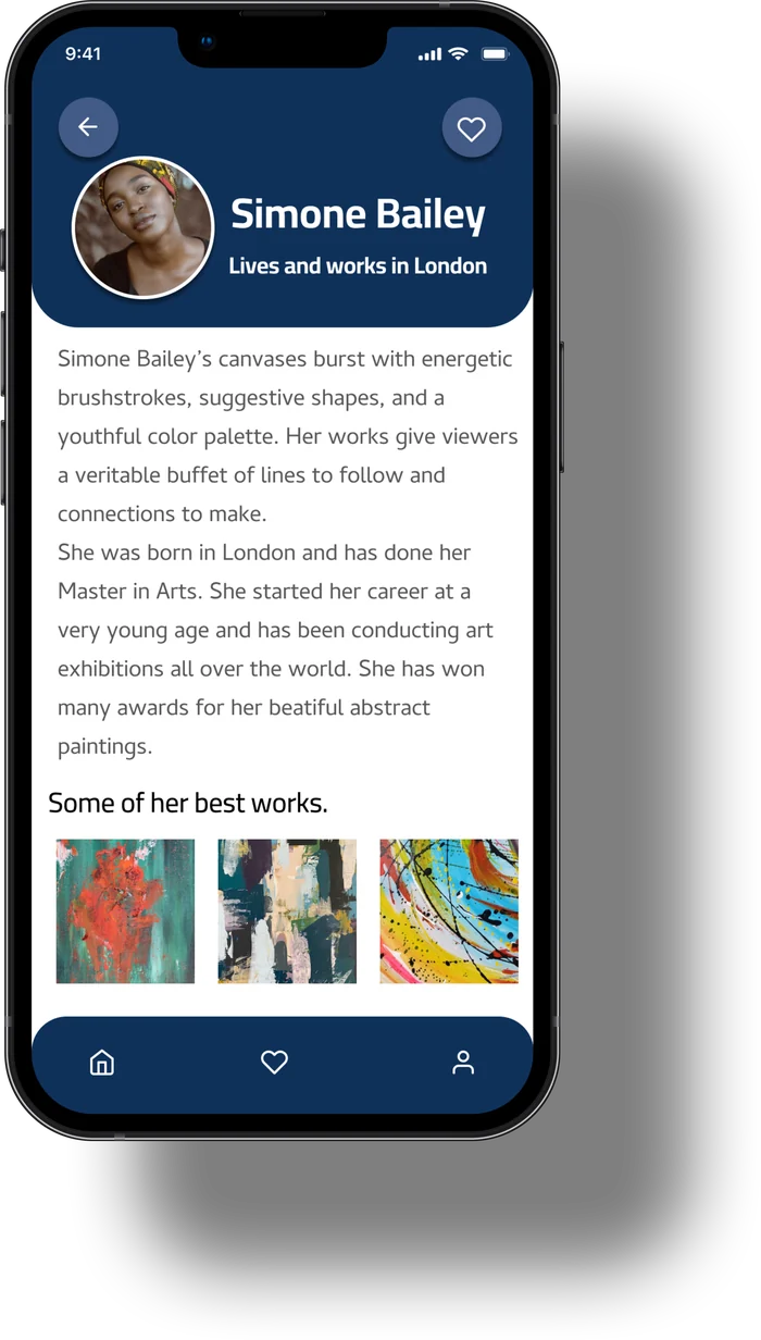 Artist bio screen for Simone Bailey with her best works