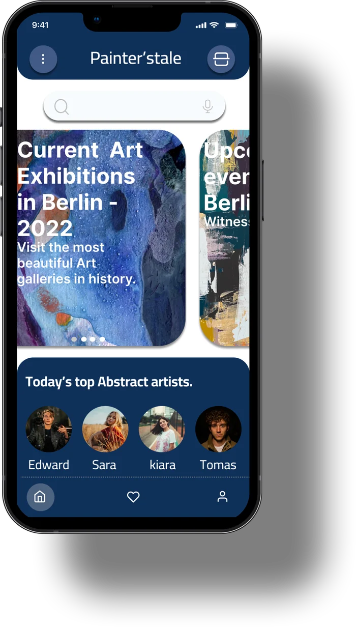 Home screen with current exhibitions in Berlin and today's top abstract artists
