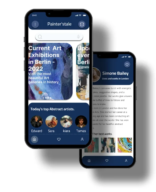 Painter's Tale home screen and artist bio screen on two phones