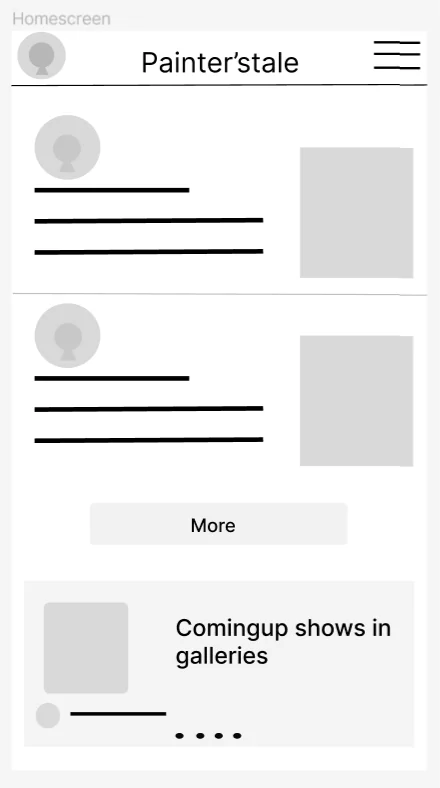 First low-fidelity home screen: list of artist cards
