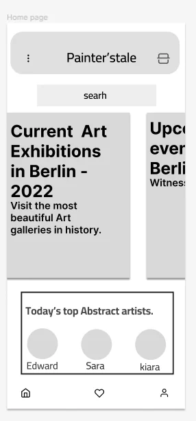 Second low-fidelity home screen: exhibitions carousel, top artists row, scan button in header