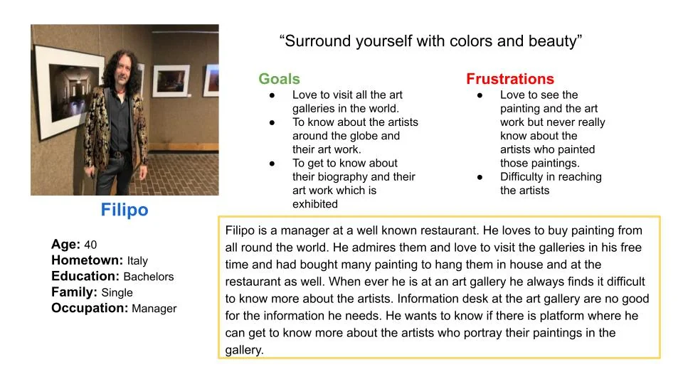 Persona: Filipo, 40, restaurant manager and art collector from Italy